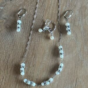Delicate White Pearl and Silver Bead Necklace Set